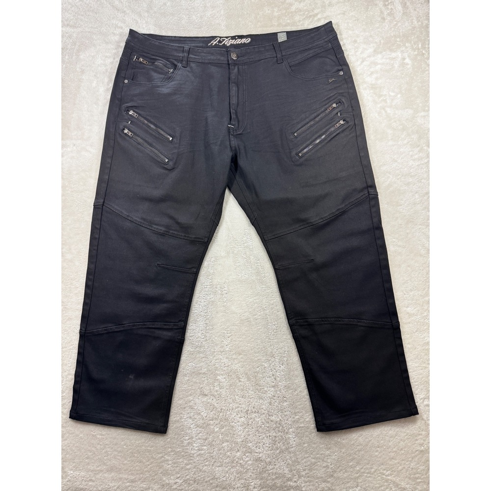 A. Tiziano Mens Moto Biker Multi Zip Coated Black Jeans 46 Meas: 44x28.5